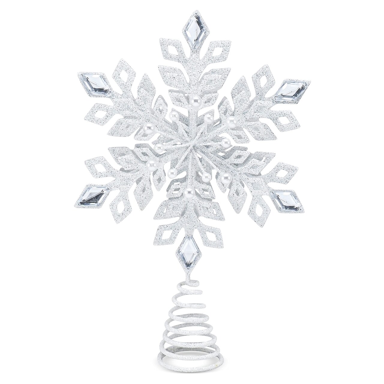 Ornativity Glitter Snowflake Tree Topper - White Sparkling Christmas Tree Decoration with Gem Design